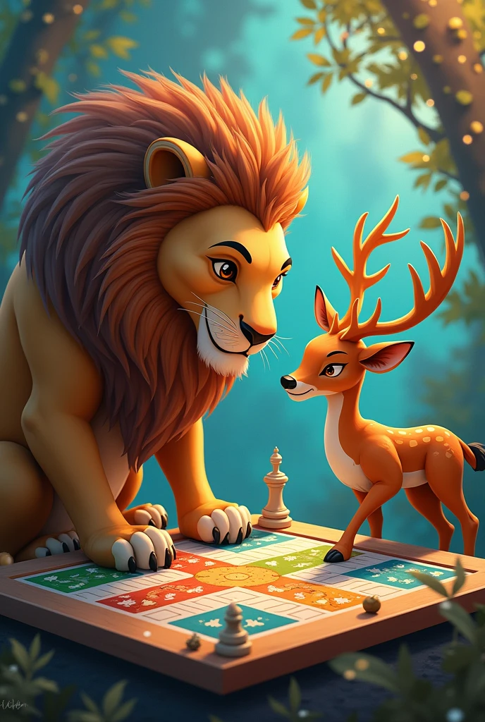 The lion and the deer are playing Ludo.