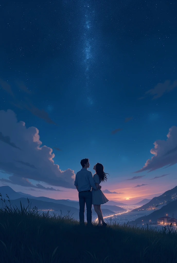 Image of a man and a woman looking at the stars with glimpse of light on the town

