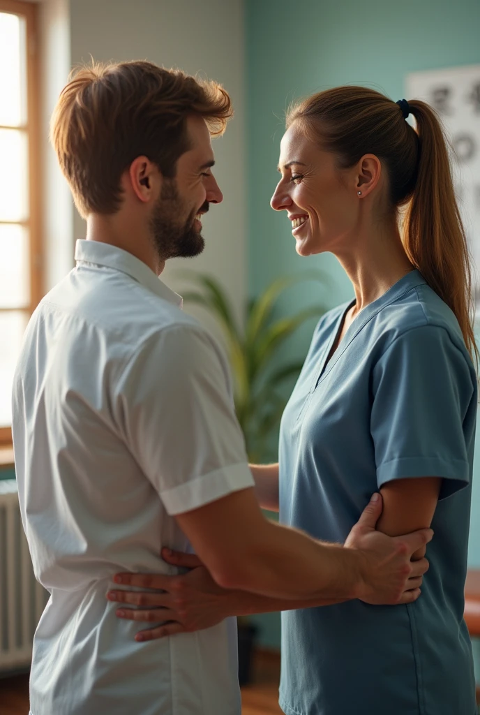 Therapist helping a person with lower back pain to do exercises and who has not yet fully recovered