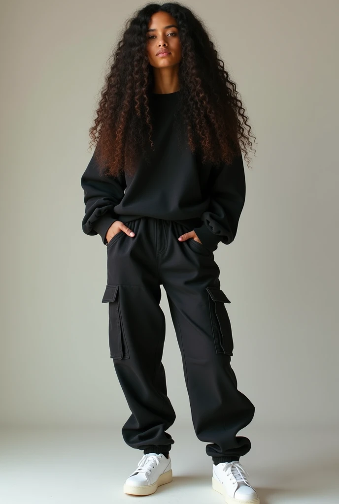 A girl with a coffee-colored skin tone with long curls reaching past her waist in an oversized style , wearing a black sweatshirt and cargo pants, and with white shoes 