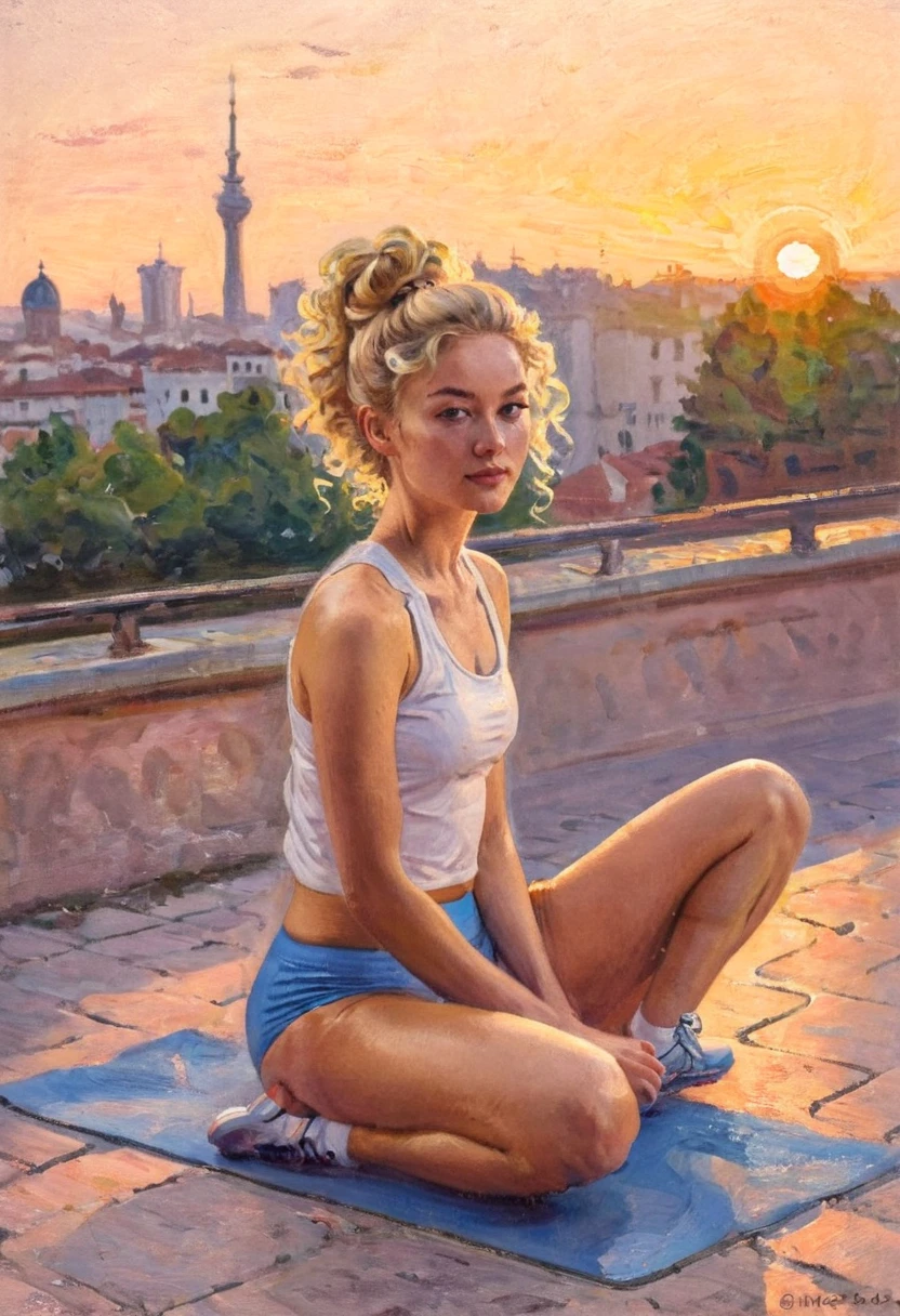 (Impressionist Painting) of a sporty flat-chested uppity blonde 22 y.o. Swedish woman, long curly honey-blonde hair in loose bun, sitting on the sideway doing stretches, in the center of Milano, Italy, at sunset