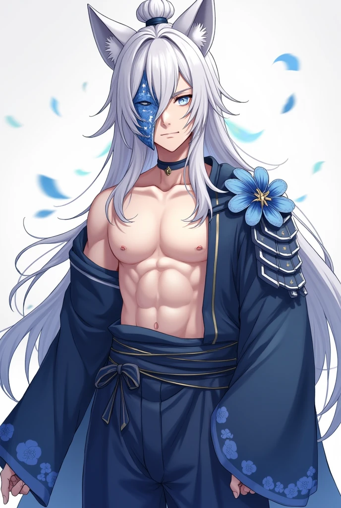 Anime style, 18 year old male, white hair tied in a bun, middle-length hair, white eyes in star eyes, wearing dark blue kimono pants with blue sakura pattern, armor on the side of the pants, dark blue sakura armor on the left shoulder, wearing a gray fox mask on the left side of the face, no shirt, fox ears