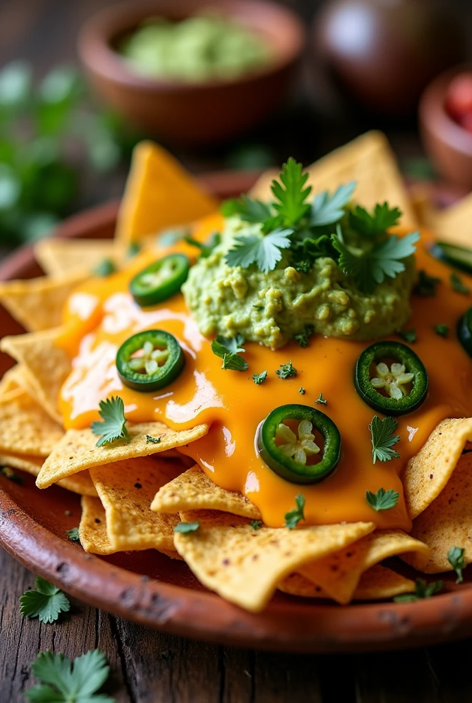 nachos, melted cheese, jalapeños, guacamole.