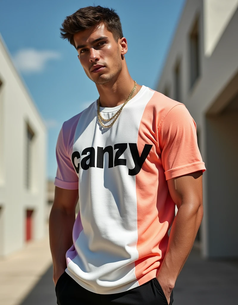 Create a photo of a male clothing model for a store, written 'CANZY' in the middle of the blouse , the blouse has to be streetwear style