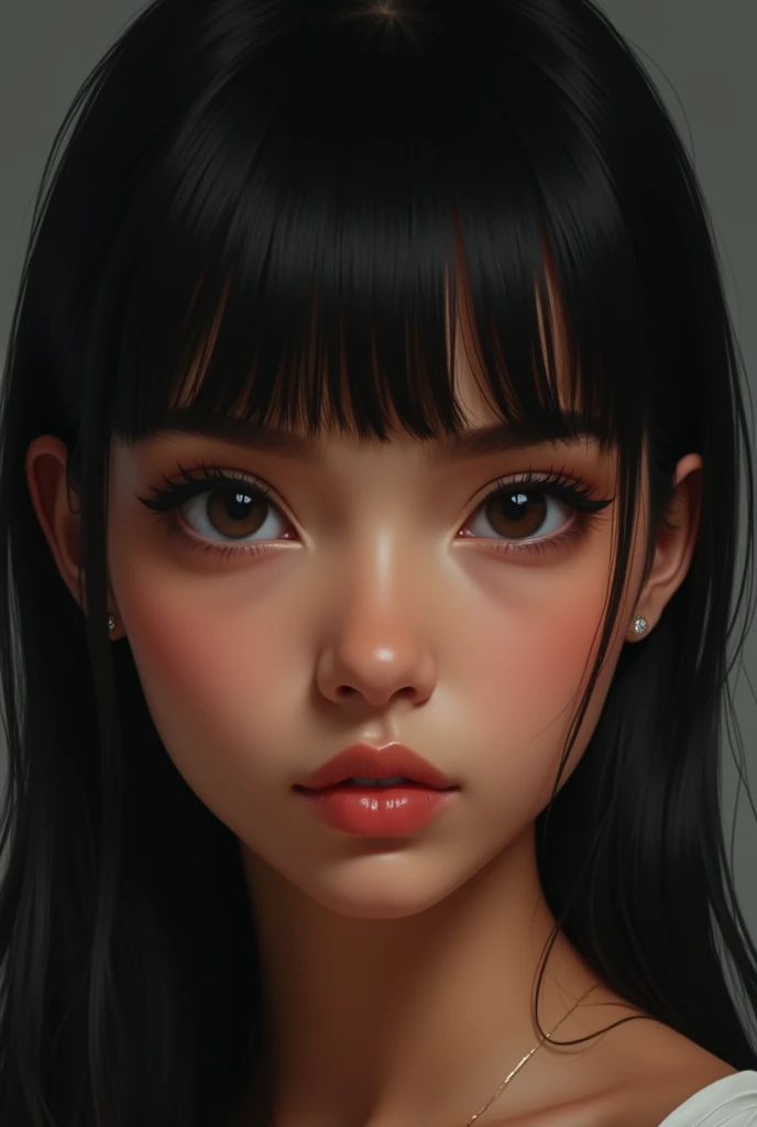 Woman straight black hair with bangs, Brown skin, black eyes, Round face 