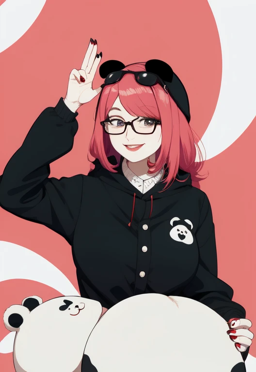 panda with glasses woman smiling and strawberry colored hair