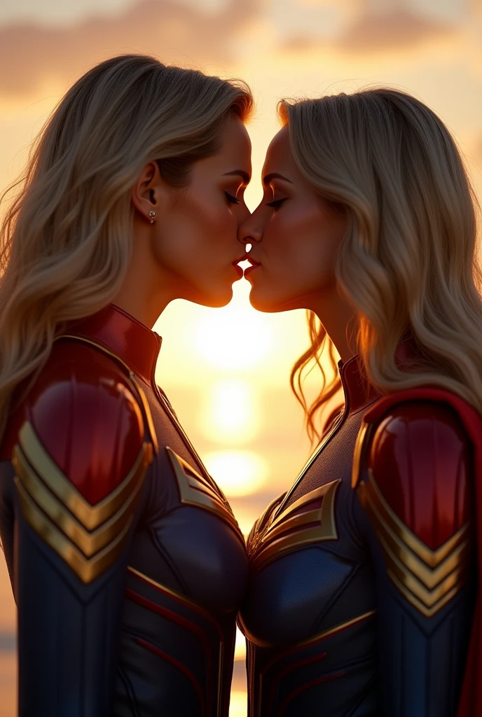 A stunning portrait of Captain Marvel and Supergirl touching each others breasts, kissing, French kissing, tongues touching, they are kissing, young and beautiful, hyper realistic, real portrait, backlit, exquisite features, cleavage, ecstasy