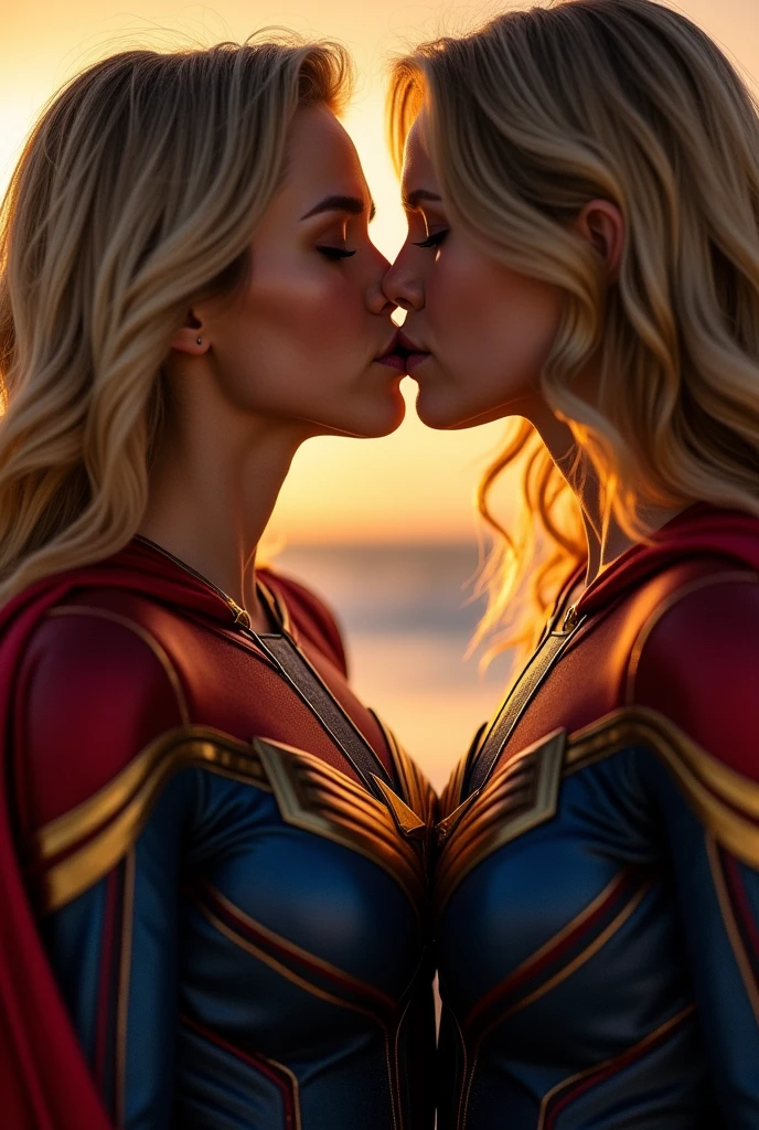 A stunning portrait of Captain Marvel and Supergirl touching each others breasts, kissing, French kissing, tongues touching, they are kissing, young and beautiful, hyper realistic, real portrait, backlit, exquisite features, cleavage, ecstasy