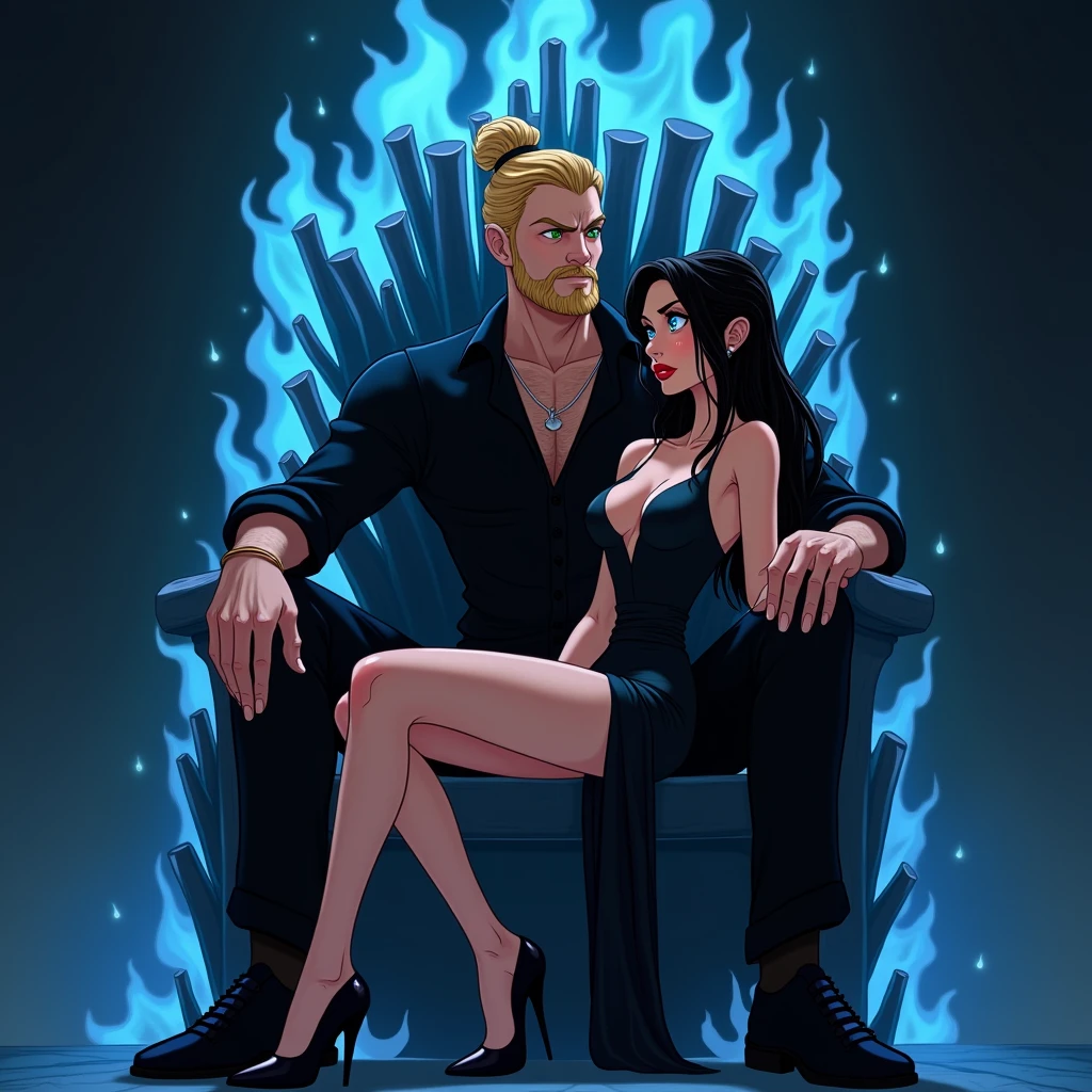 A 30 year old man, green eyes, sitting nonchalantly on a throne of blue flaming bones, She has long blonde hair in a bun, with a little blonde beard, half muscular, marked jaw, exudes power and dominance, It is very attractive, is in a dark and gloomy place, He has a black elegant shirt and black pants. ((A woman sitting on her legs)) The young and beautiful woman (19 years) is intense blue eyes, long, straight, jet-black hair, she is very beautiful, hips a little wide, medium breasts, slim. She is wearing a tight and beautiful elegant black dress, which has a V-neckline and a leg slit. It's like a metaphor for Hades and Persephone. animated art...