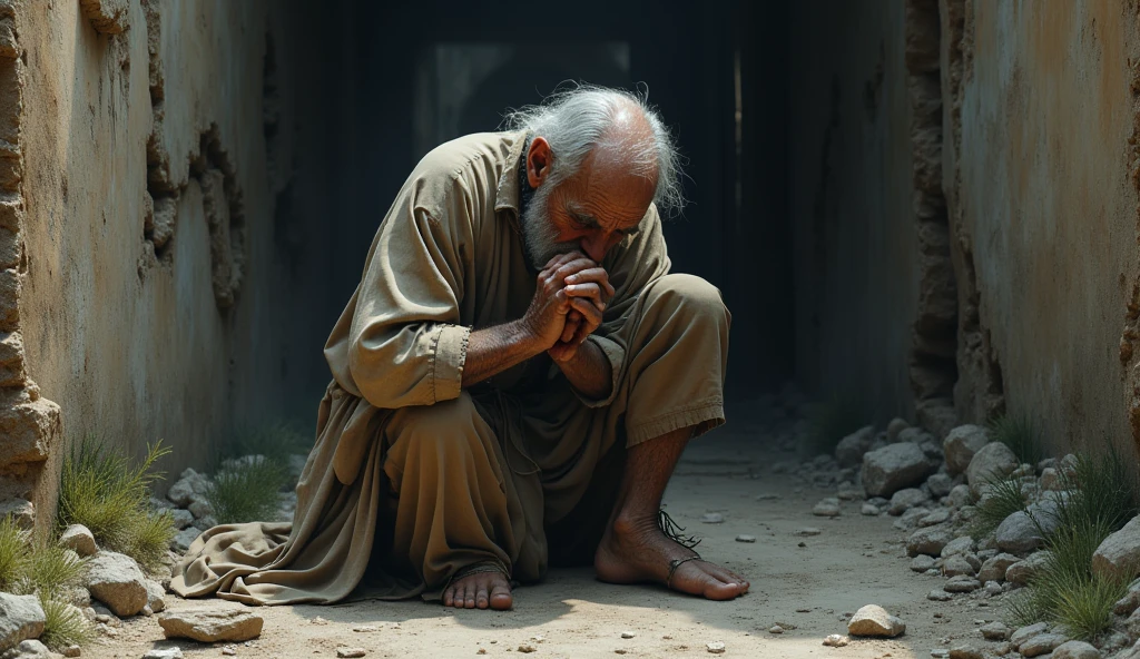 old man crying kneeling in old clothes with ruined wall in the background
