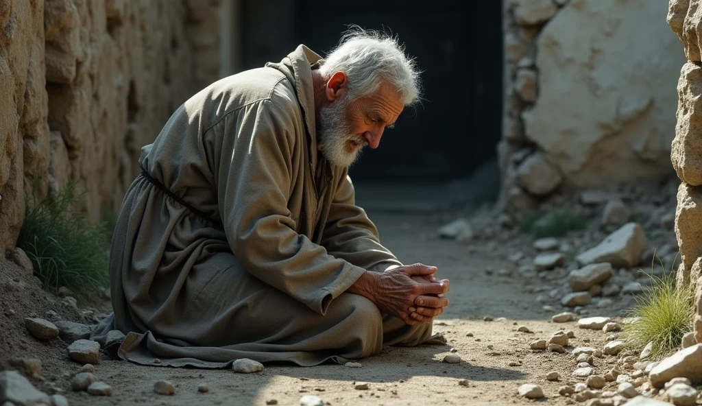 old man crying kneeling in old clothes with ruined wall in the background