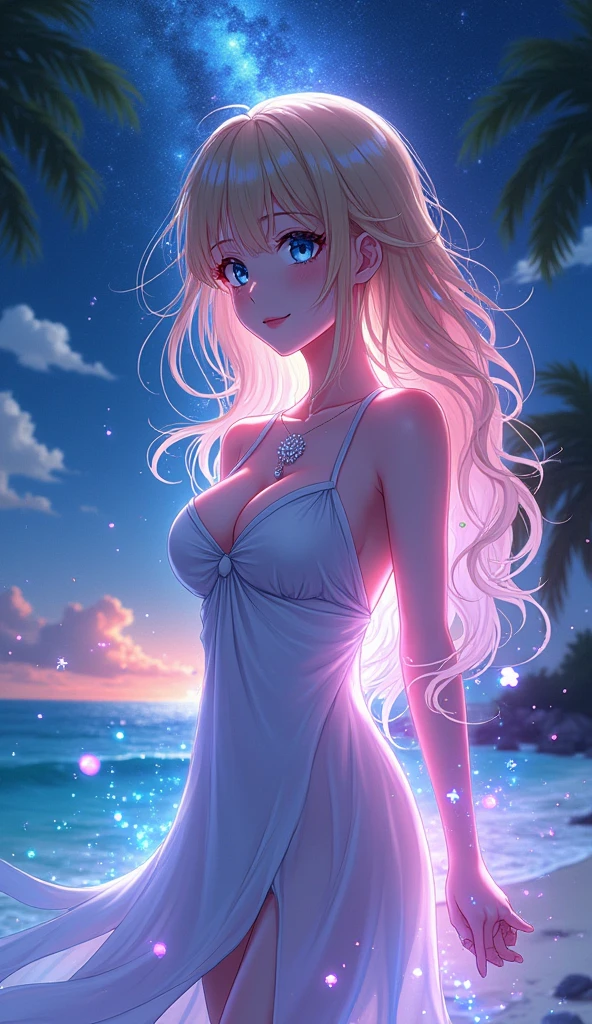 (masterpiece、Highest quality、8k、High resolution)、Best Style、(The most beautiful girl in anime)、(Clear skin、Clean blue eyes、Beautiful lips、Beautiful nose)、smile、Beautiful white upper teeth、Blonde Hair、Ample breasts、Walking on the beach、Palm tree、Beautiful starry sky、milky way、(Body、whole bodyからMystical particles of light、Mystical particles of light、Mystical particles of light、Colorful Light、Vibrant colors)、The area around the head is brightly lit with a mysterious light.、Vibrant colors、(jewelry、necklace)、dress、(whole body)、Highly detailed anime art、A complete portrayal、