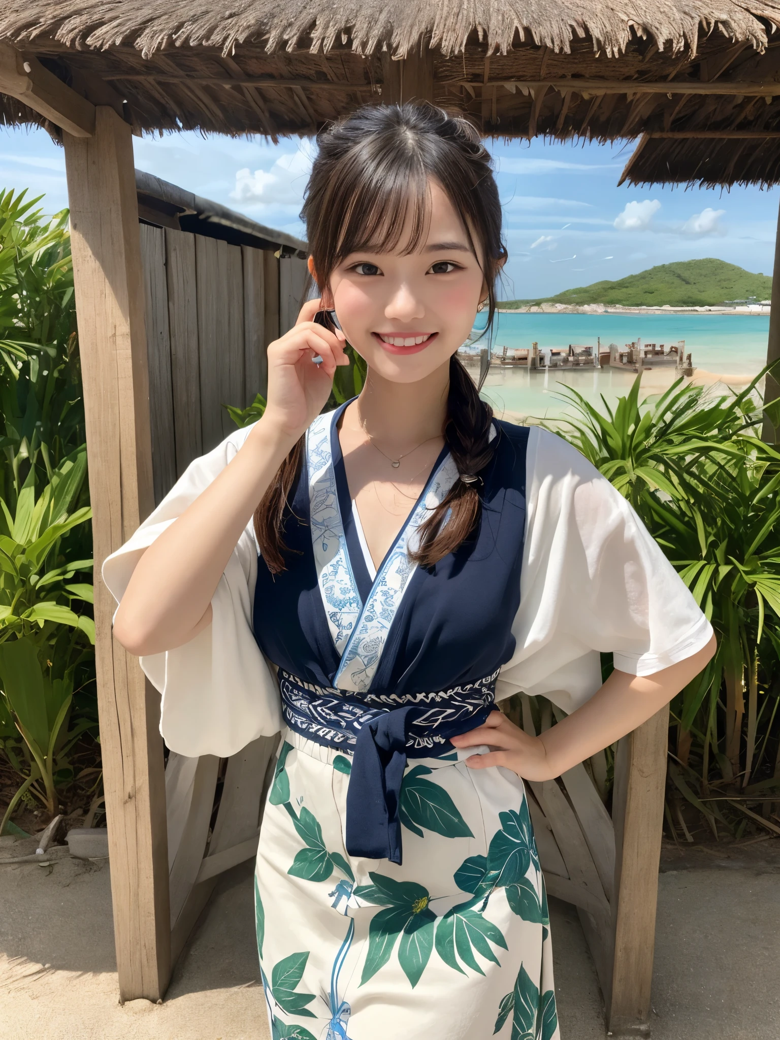 1girl, solo, highres, best_quality, masterpiece, detailed_background, intricate_details, beautiful, okinawa, taketomi_island, traditional_house, nature, summer_clothes, smile, looking_at_viewer, dynamic_pose, natural_pose, candid, happy