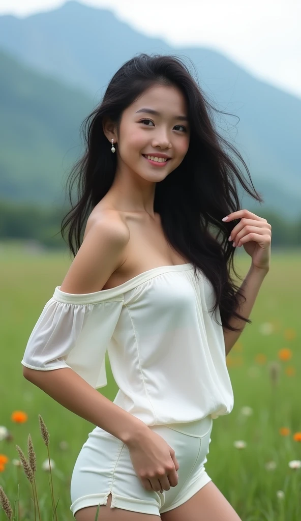 (Masterpiece),(complication:1.3),(Realistic),Young woman,, A cute bright smile.,(Beautiful long black hair with slight curls.), Blue eyes,(Slightly chubby), (big breasts), (Thai face), (Very beautiful face), white skin, small, Wear shorts, Stand sideways and grab my hair, (The wind blows gently from right to left.), There are small flowers.,(Wear a white silk shirt that shows both shoulders.),Has uniqueness,(Located in an open area, with grasslands and mountains.),Can be viewed in many formats,see the whole body,Beautifully detailed,Be natural,Complex light lines,Show after image,Professional Photographer,Have clarity,dramatic,Awarded globally,Cinematic lighting,(film grain,Blurred background,Blurred background,bokeh,depth of field)