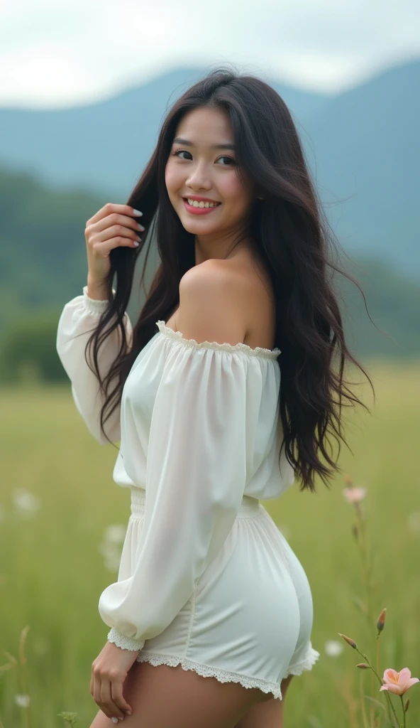 (Masterpiece),(complication:1.3),(Realistic),Young woman,, A cute bright smile.,(Beautiful long black hair with slight curls.), Blue eyes,(Slightly chubby), (big breasts), (Thai face), (Very beautiful face), white skin, small, Wear shorts, Stand sideways and grab my hair, (The wind blows gently from right to left.), There are small flowers.,(Wear a white silk shirt that shows both shoulders.),Has uniqueness,(Located in an open area, with grasslands and mountains.),Can be viewed in many formats,see the whole body,Beautifully detailed,Be natural,Complex light lines,Show after image,Professional Photographer,Have clarity,dramatic,Awarded globally,Cinematic lighting,(film grain,Blurred background,Blurred background,bokeh,depth of field)
