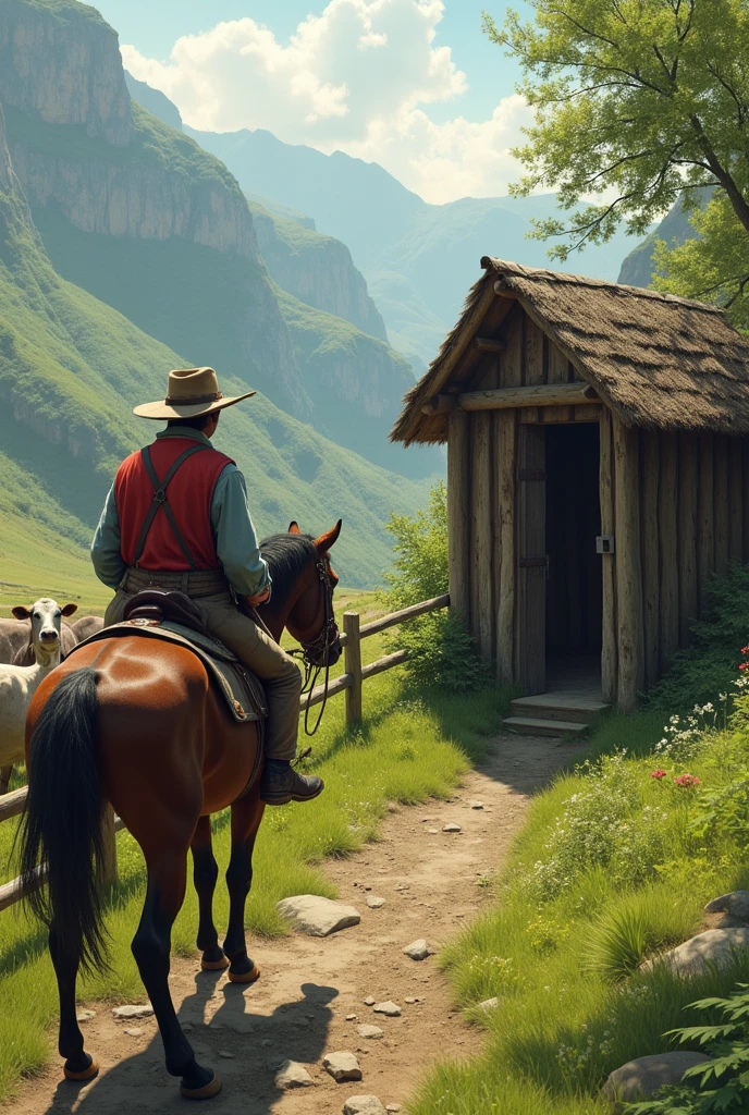 Like a muleteer (farmer) arrives at a shelter (for one person) horse riding, and that the cattle are going to be enclosed in a green area but it is closed around the perimeter by a fence.