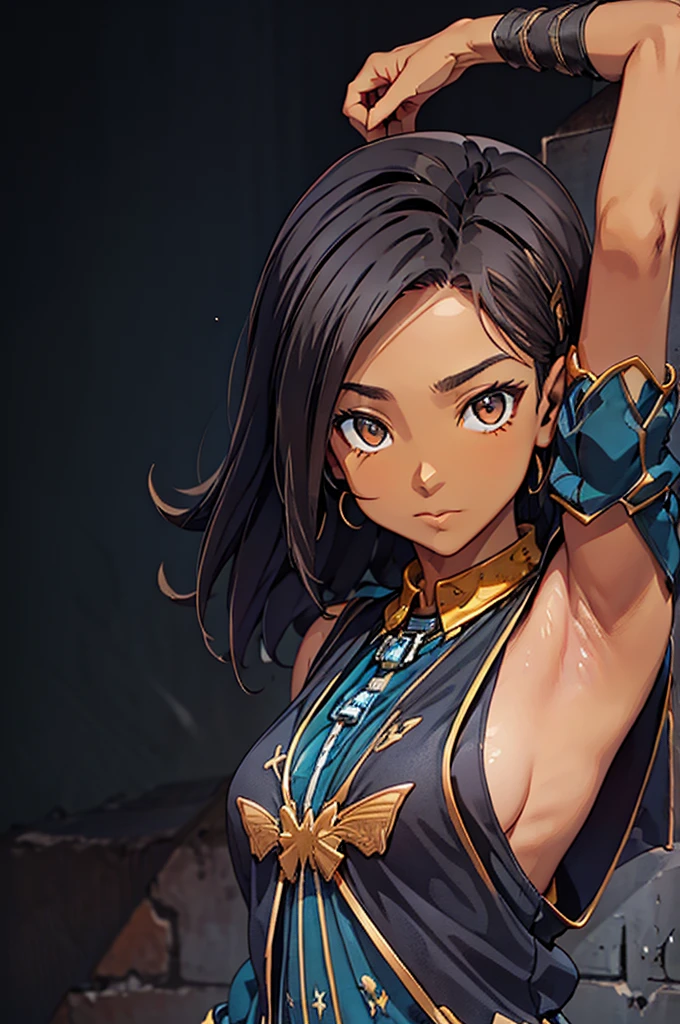 Black background with spotlight,1people々((Dark Skin:1.5,Dark brown eyes:1.4,Black Hair:1.3,Gal Style,big ,)), Leopard print underwear、rinwell , beautiful girl、Raise your hands to show your sweaty armpits,