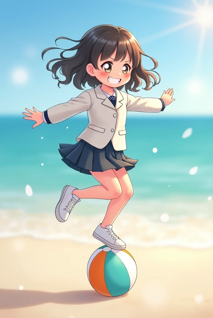 girl in blazer skirt and sneakers sitting on top of a really small beach ball, and the girl’s bouncing on on it trying to pop it
