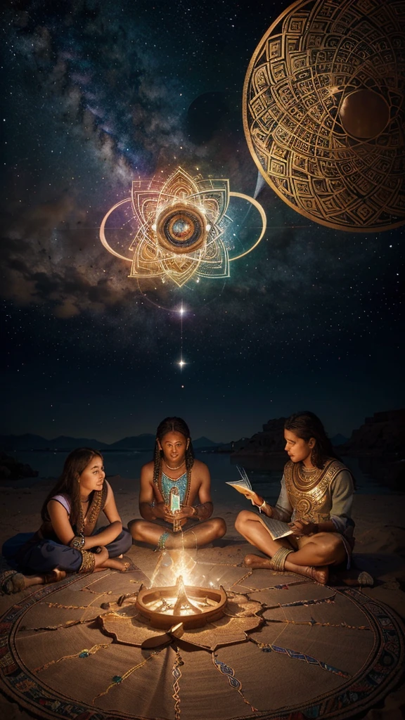 

Create a highly detailed and vibrant image depicting a diverse and multicultural gathering of people engaging in spiritual and philosophical exploration. At the center, feature an elder with a wise, weathered appearance, and two younger individuals, one male and one female, symbolizing the passing of knowledge and wisdom. Surround them with intricate mandalas, celestial symbols, and mystical geometric patterns to represent the cosmos and the interconnectedness of all beings.

The composition should include individuals from various backgrounds reading ancient texts, contemplating, and sharing insights, creating an atmosphere of learning and unity. In the background, include a celestial landscape blending the elements of sky, stars, and ethereal light, emphasizing the spiritual journey. The color palette should be rich and varied, with warm tones representing wisdom and cool tones symbolizing contemplation and reflection. The overall feel should be one of harmony, enlightenment, and cosmic connection.