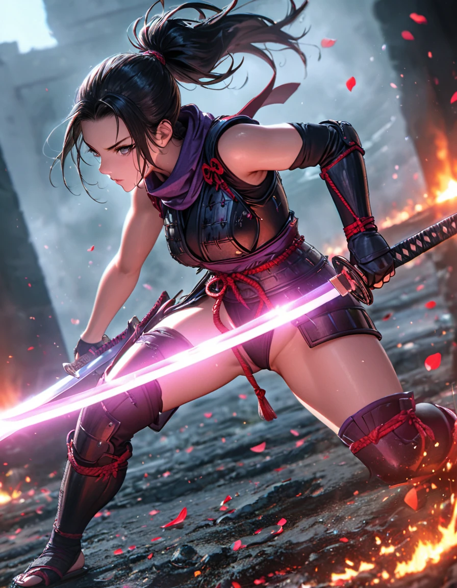 Highest quality, Great quality, 16K, Unbelievably absurd, Very detailed, delicate and dynamic, Natural light, The particles reflect light, Diffuse reflection of light, Many rainbow-colored petals fall, Sparkling Sun, Diffuse reflection of light, Create amazing image effects, Cool girl, Serious, passion A female ninja, full body, ponytail hair, (Japan Armor,ninja suit:1.2), (bare arms, bare thighs:1.2), katana, japanese long sword, (Wielding a sword:1.5), (dynamic angle:1.2), agressive posing:1.2), fantasy, in the battle field