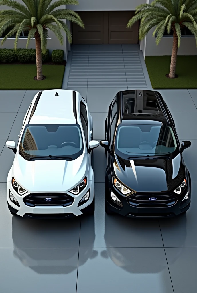 New white Ford ecosport and new black ecosport parked in front of each other in style