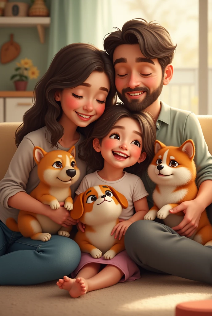 Happy family 40 year old mom blonde with brown eyes, 40 year old father with little brown hair and brown eyes, daughter with long brown hair and brown eyes, son, blond with blue eyes. With orange tabby kitten and white westie dog
