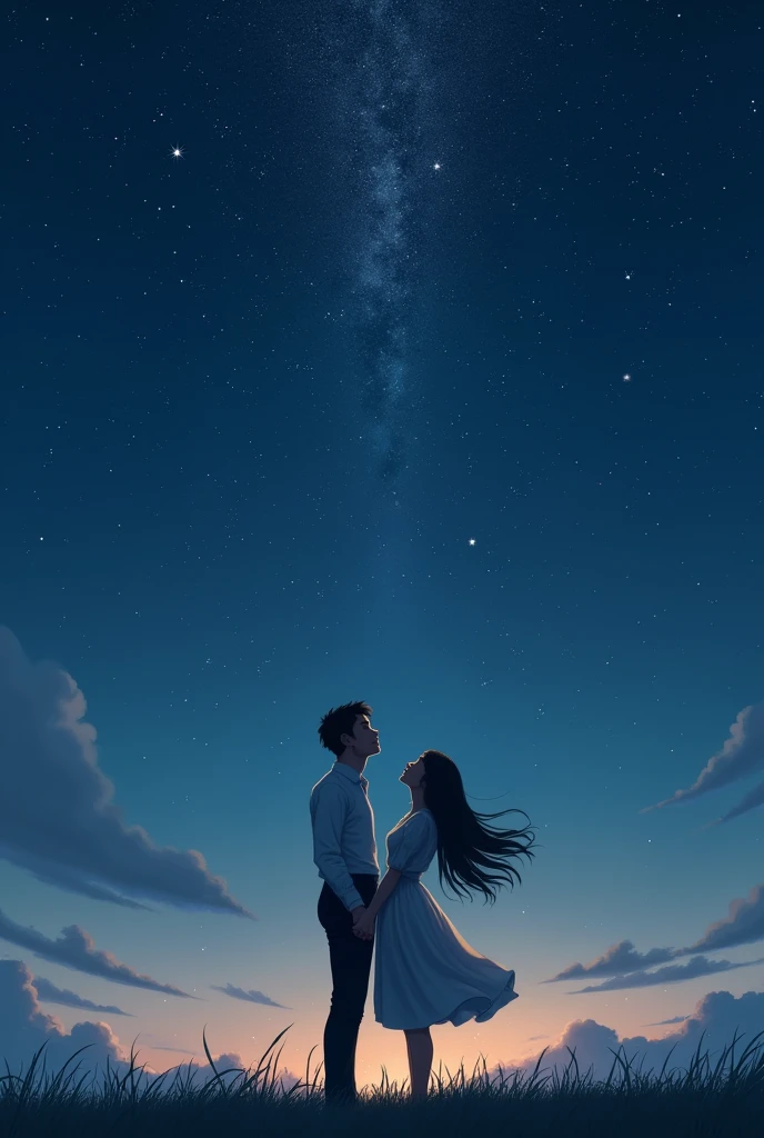 A man and woman looking at the sky with full of stars