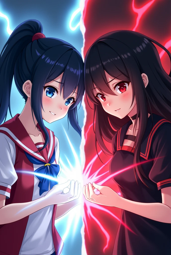 draw two anime girls, with long black hair, pale skin, The first one with blue eyes and a ponytail in her hair, with a red and white school uniform, looking with a smile at his hands, in it a white light, the second one with bright red eyes, with a black dress with red details, looking coldly at his hands, that emit a red and black glow. Please