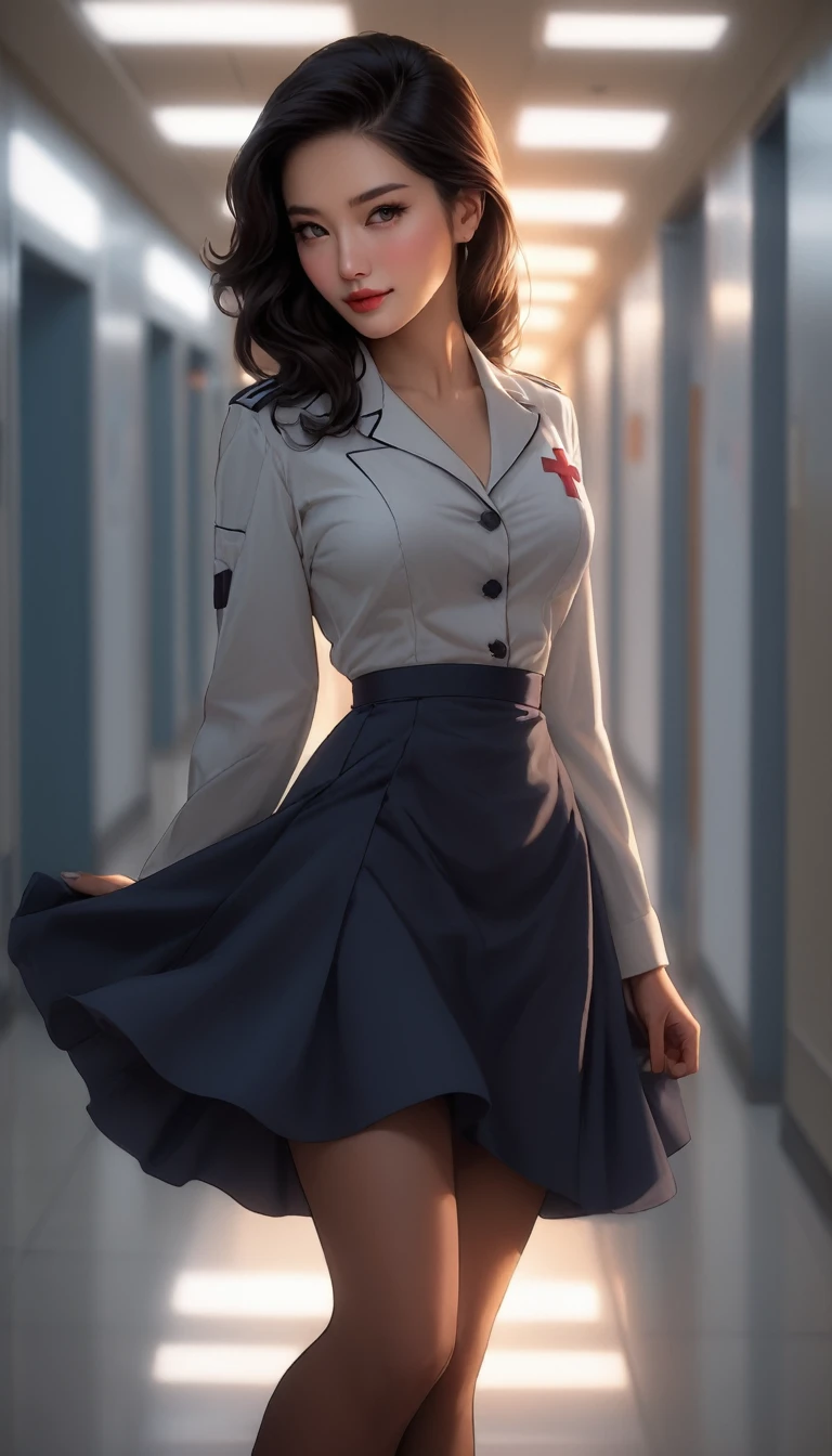 score_9, score_8_up, score_7_up, score_6_up, rating_safe, cinematic film still, solo, 12girl, BREAK (Christina Chong beautiful face, narrowed eyes, smirk:1.3), sexy nurse uniform, skirt too short, cleavage, high heels BREAK (modern hospital, walking down hall:1.1), BREAK, (cinematic lighting:1.2),, (sunset:1.2), shallow depth of field, vignette, BREAK, highly detailed, high budget, bokeh, cinemascope, moody, epic, gorgeous, film grain, grainy, BREAK, SFW, (ultra-detailed),(best illustration),(best shadow),(absurdres),(detailed background),(very aesthetic).
