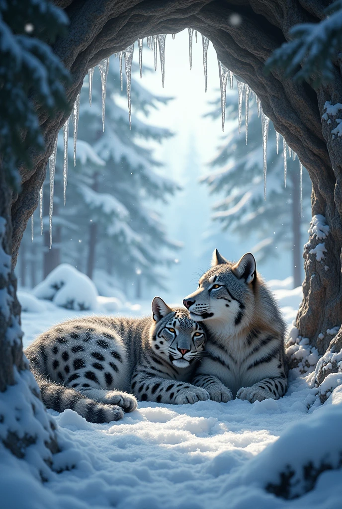 Generates a snowy forest where there is a snow leopard and a wolf in a cave resting together