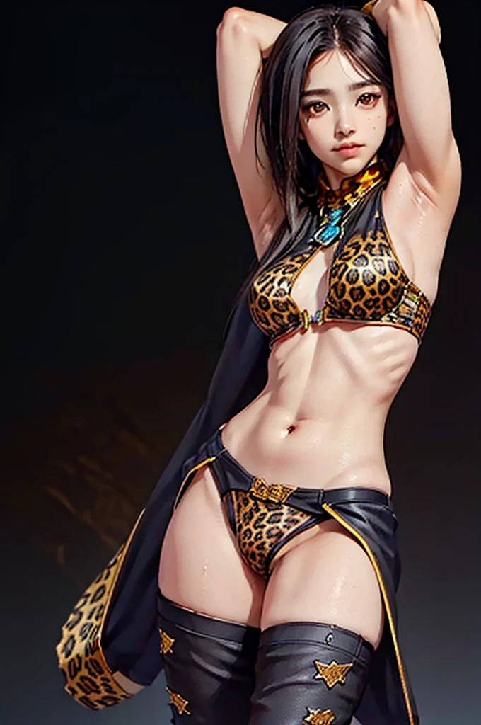 Black background with spotlight,１people々((Dark Skin:1.5,Dark brown eyes:1.4,Black Hair:1.3,Gal Style,big ,)), Leopard print underwear、rinwell , beautiful girl、Raise your hands to show your sweaty armpits,