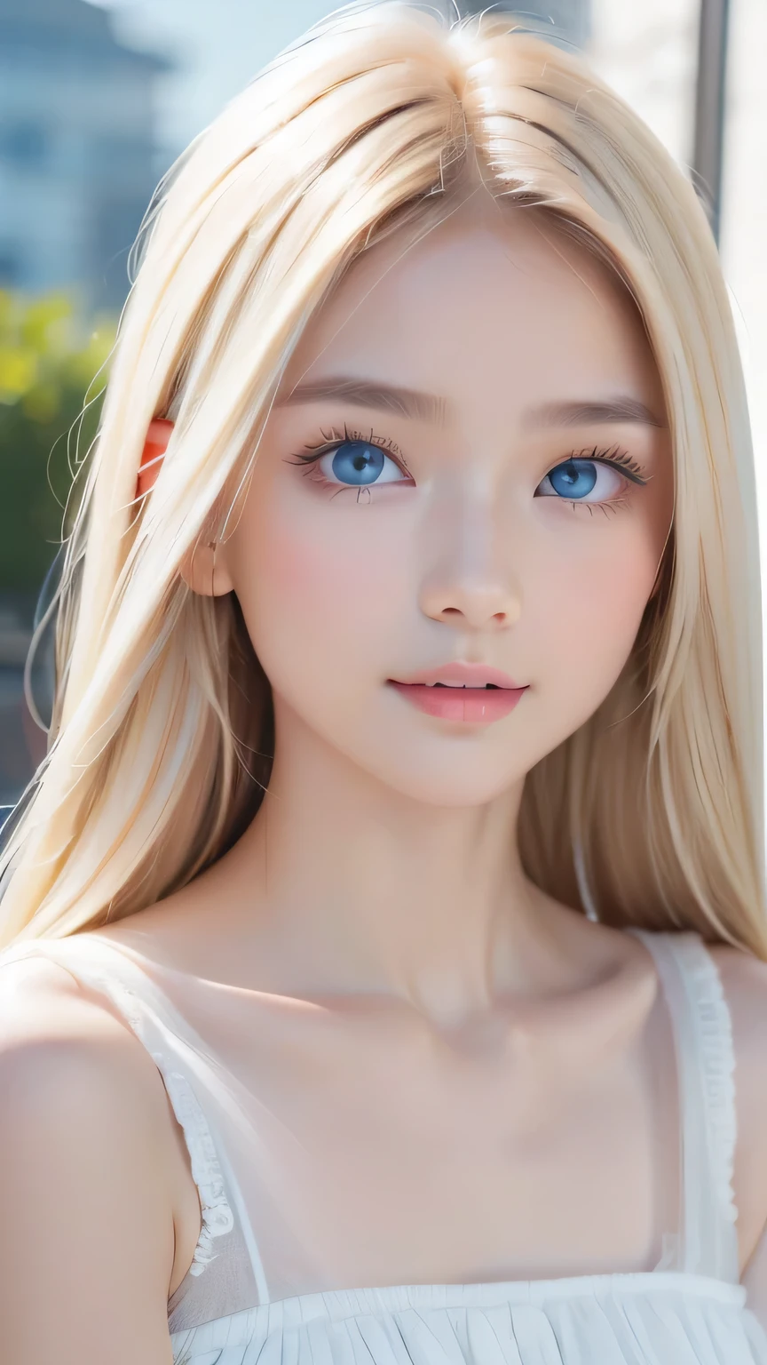 True Photo Quality、A beautiful girl、Extraordinary sexy beauty、Beautiful calm and bright expression、Sexy refreshing look、Long bangs that fall on a perfect beautiful cute face、Super long blonde straight silky hair、blonde on a beautiful face、Very cute beautiful sexy young little woman、Very perfect beautiful cute face、Beautiful bright sky blue eyes、Very big eyes、Hair above the eyes、片Hair above the eyes、Hair between the eyes、Very radiant white skin、Cheek gloss、Small Face Beauty、round face