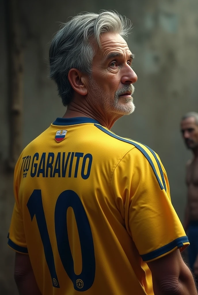 An old man who has a national team shirt and the name on the back says Toño Garavito and the number is 10 but who is from Colombia and is about 40 years old and looking towards Lante seeing the name Toño Garavito with the number 10