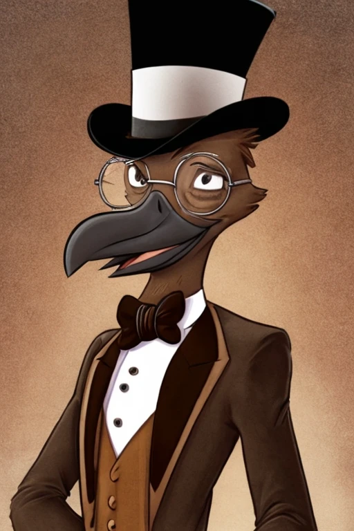 White anthropomorphic crow, wearing a light brown suit, wearing a light brown top hat, wearing a round glasses, animation