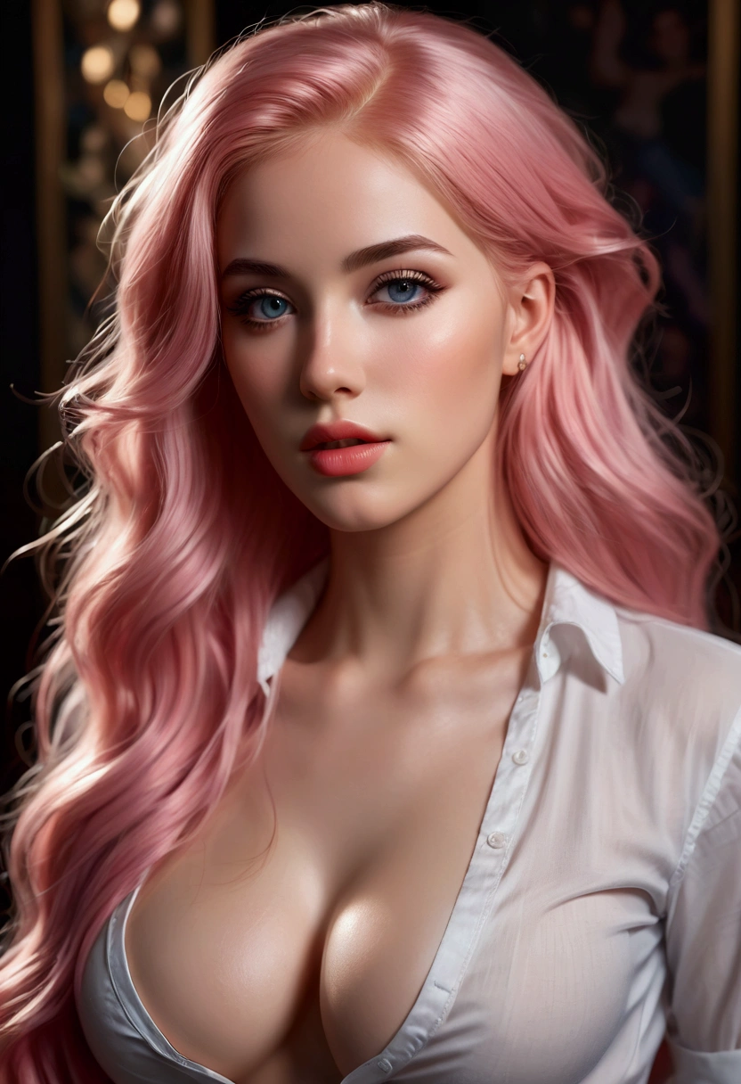 ultra realistic, photography, long pink hair, girl, 24 years old, hourglass figure, perfect body, Flirty look, extremely detailed artgerm, in the style artgerm, small breasts, facing the camera, lens 35 mm, blur background, a woman with a shirt, sensual cleavage, detailed facial features, beautiful eyes, luscious lips, sweaty, high quality, photorealistic, 8K, chiaroscuro lighting, dramatic lighting, dramatic shadows, oil painting, intricate details, elegant, feminine, alluring