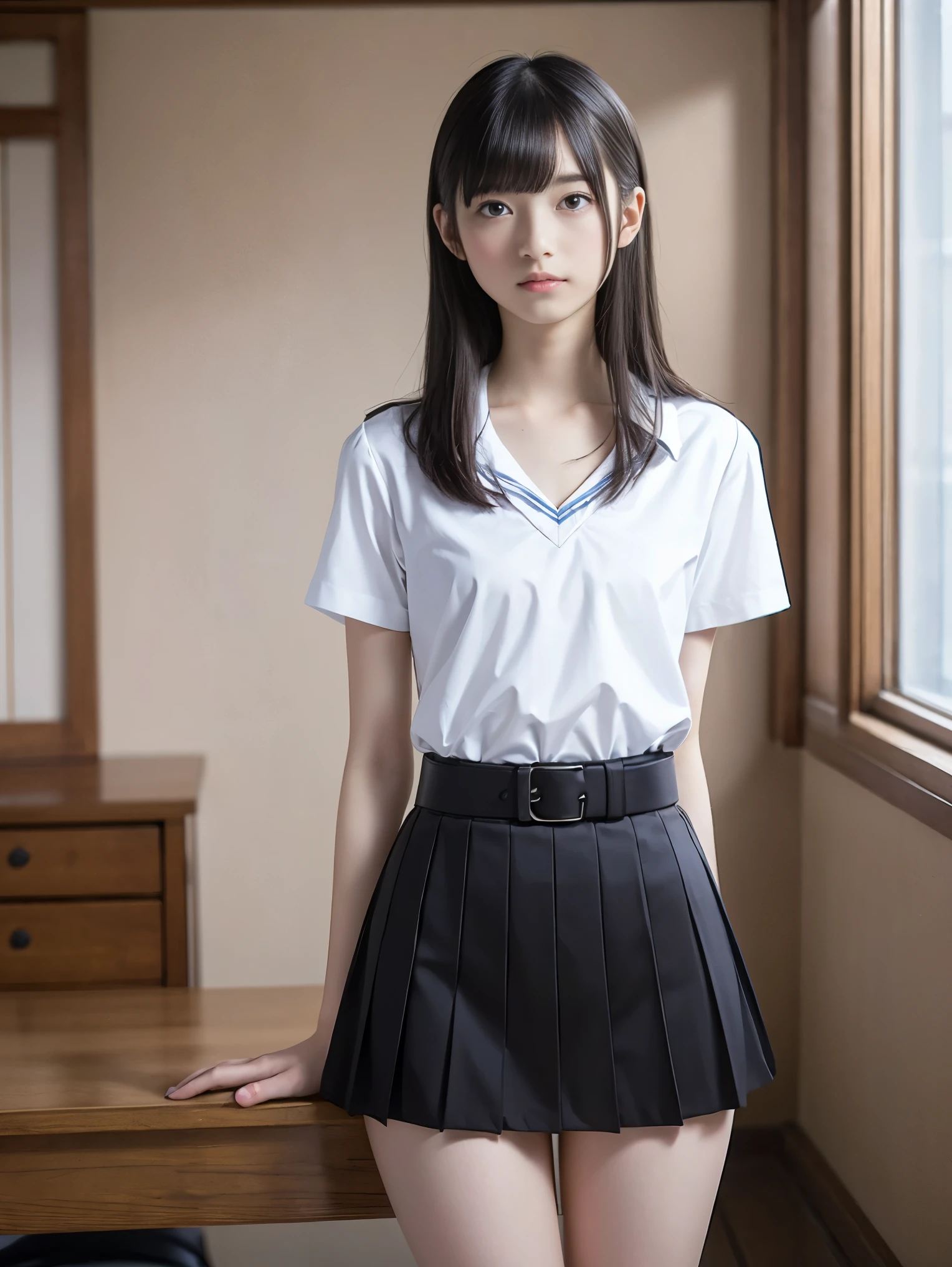High resolution、High resolution、In 8K、RAW Photos、Highest quality、masterpiece、Teenage Girl, (Flat chest like:1.2), ((Skinny body:1.2)), Wavy Hair,, Anatomically correct、bangs、Waist、thigh、Japanese high school uniform