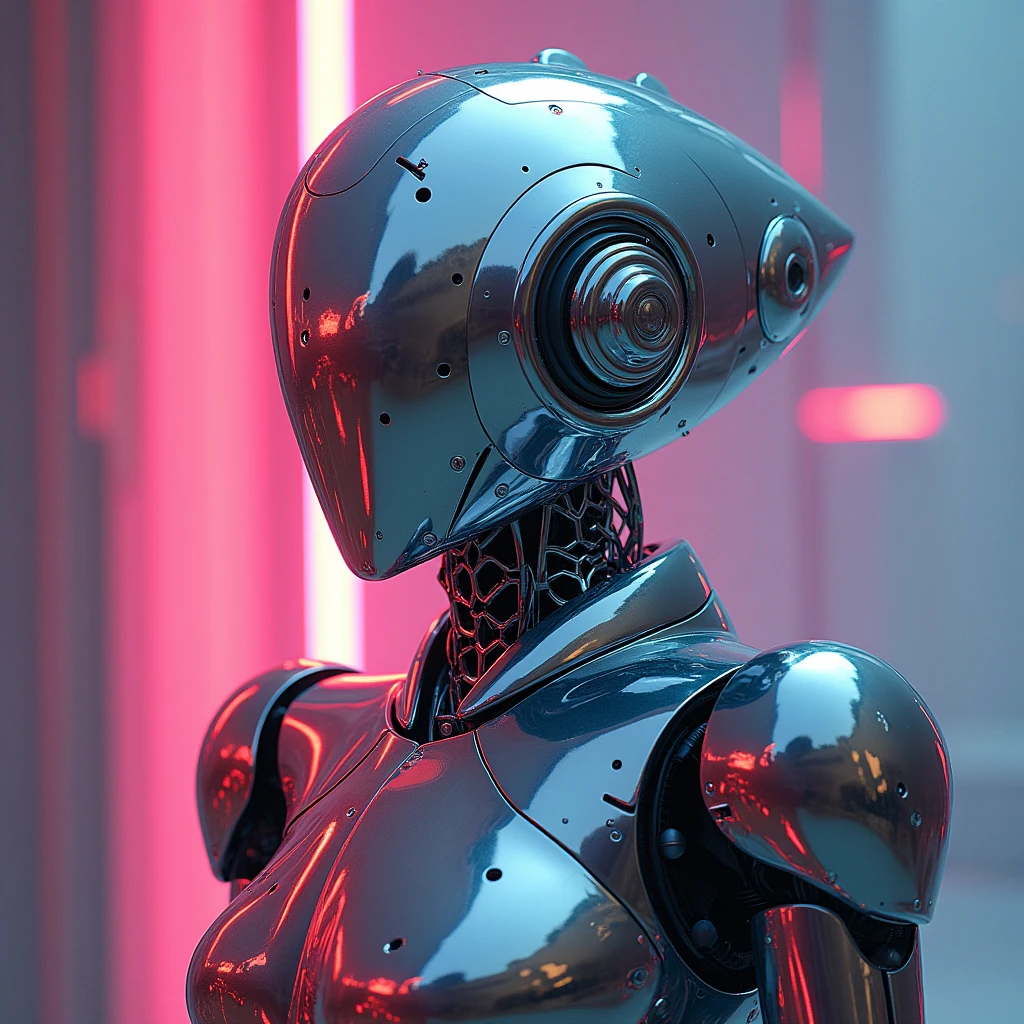 A futuristic robot with a soft glow from the letters “SEAART” on the helmet screen. Highly detailed hard surface rendering