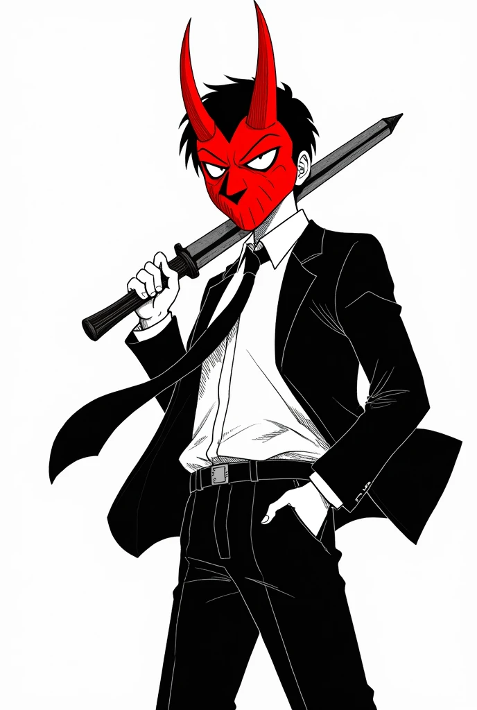 Draw a young boy with black hair who is wearing a white shirt and black dress pants and a black jacket and tie., He carries a weapon in one of his hands and wears a red devil mask on his face., Make the drawing in the style of a black and white manga.

