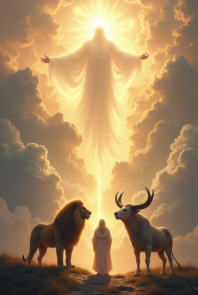 Create an image the three living creatures in heaven in front of God