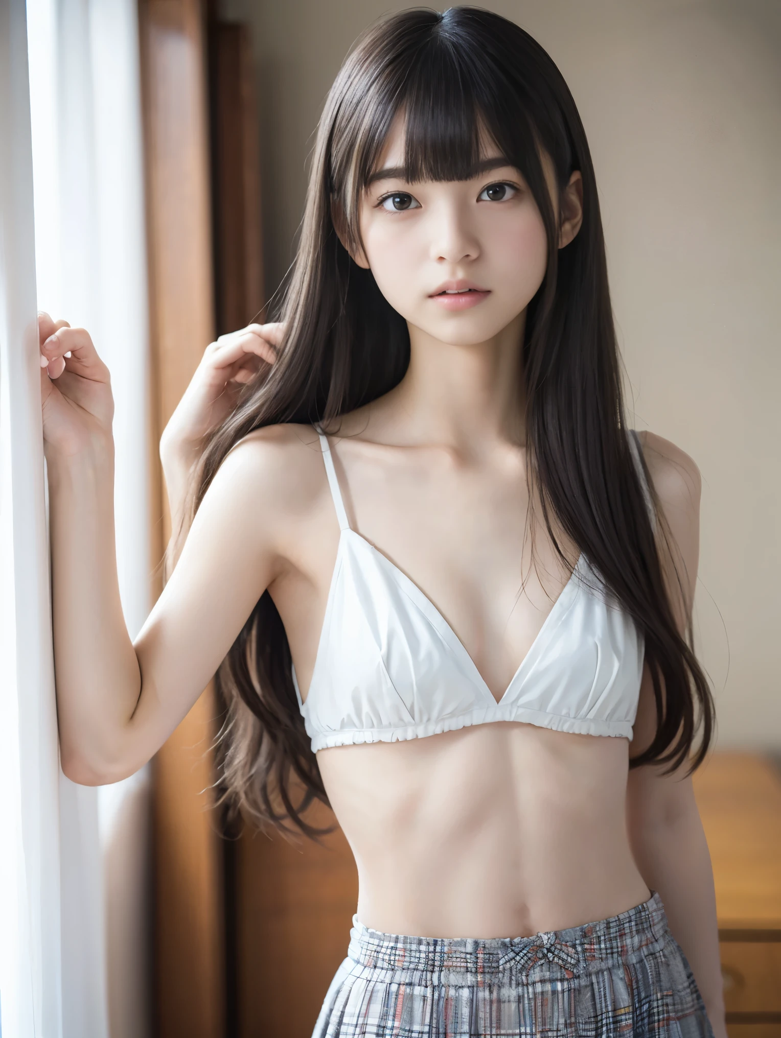 (8K、Raw photography、top-quality、​masterpiece:1.2)、(realisitic、Photorealsitic:1.37)、(Baby face:1.3)、Undress、tiny chest、((Upper and lower underwear))、(((Wet underwear)))、Cotton panties、ultra-detailliert、超A high resolution、see the beholder、beautifull detailed face、A smile、Constriction、(Slim waist) :1.3)、Beautiful detailed skin、Skin Texture、floated hair、profetional lighting