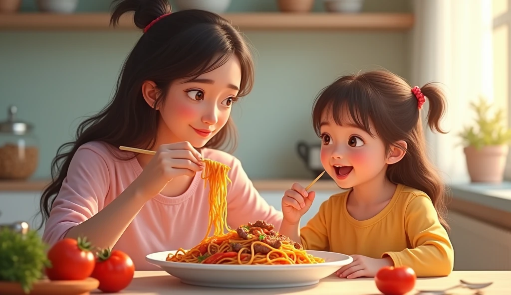 Bright kitchen scene, 8-year-old girl smiling and eating tomato beef noodles at dining table, mother watching with proud and content expression, modern kitchen, warm and cheerful atmosphere, mutual happiness, realistic, vibrant colors.