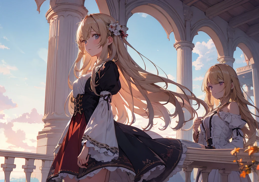 Realistic photos, Focus distance 10mm, Red and white, Beautiful girl, Realistic photos, Shooting at focus distance 10mm, masterpiece, 最high quality, high quality, Very detailed CG 8k wallpaper unit, Award-winning photography, Depth of written boundary, High resolution, bloom, chromatic aberration, Realistic, Very detailed, Art Station Trends, CGsociety Trends, Complex, High detail, dramatic, Art on the go, volumetric lighting, A beautiful girl in the style of "rapunzel" is meditating on the balcony of a tall tower. Her long blonde hair sways in the wind, and the image of the girl in a purple dress gazing into the distance is striking