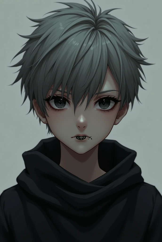 1 boy, 15 year old boy, grayish hair, dark black eyes, black jacket, mad, short hair, scar on lip,