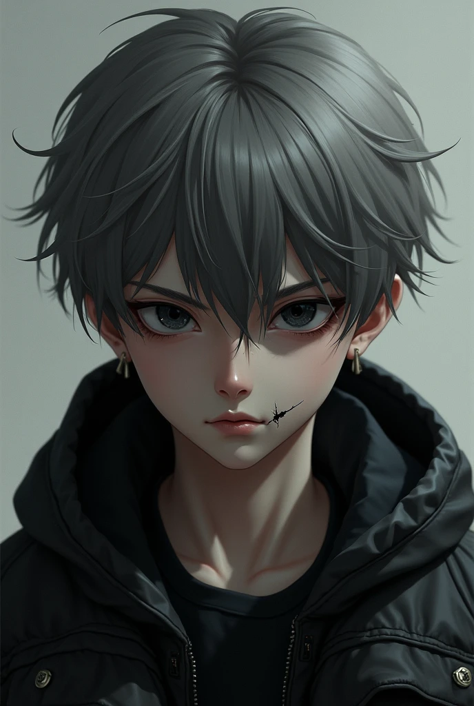 1 boy,  boy, grayish hair, dark black eyes, black jacket, mad, short hair, scar on lip, 