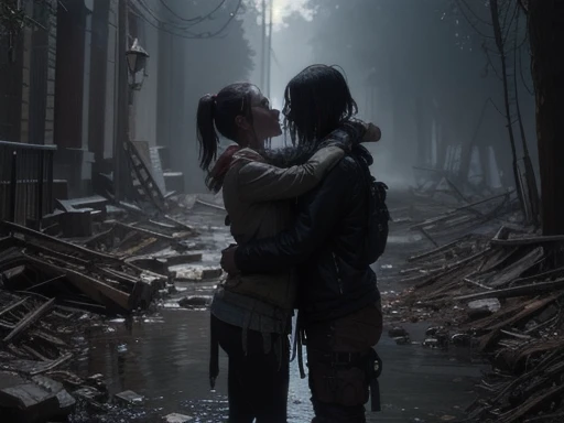 (Happy scene),Two people hugging each other,(Strong Shadows:1.3),water vapor,(Horror Style),(curse:1.3),(soul:1.3),(ultra Realistic 8k cg, RAW Photos, Highest quality, masterpiece:1.2),High resolution raw color photos,Professional photos,(Realistic, photo-Realistic:1.3),(Highest quality),(Cinematic Light),(masterpiece),Strong Rim Light,Post-apocalyptic