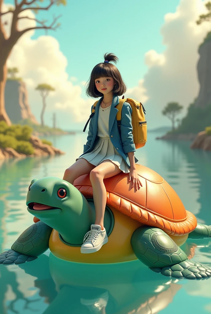 girl in blazer skirt and sneakers sitting on the head of an inflatable turtle.