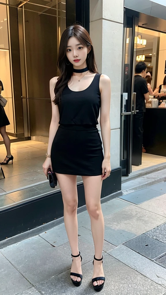 high quality, realistic, masterpiece, full body, high detail, at the mall, A Korean woman is shopping for a dress., A dazzlingly beautiful face, Slim and in good shape, She wore a sleeveless top and a miniskirt., High heel sandals and choker necklace, chanel bag, Put on pretty makeup, Hot summer in the city, very hot weather, sweating, Fighting the Heat, Crowded