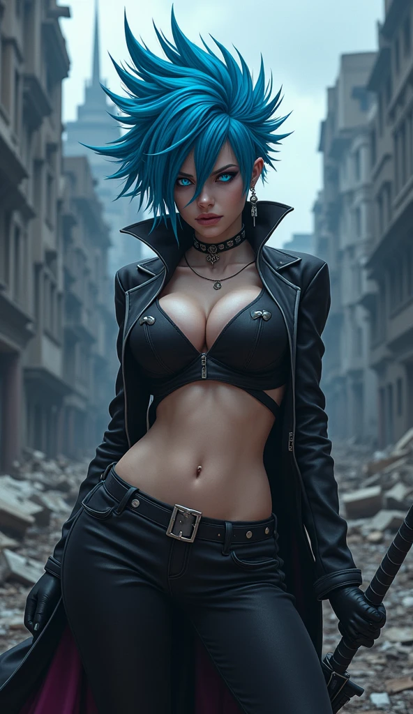 Create a live-action depiction of a female version of Grimmjow Jaegerjaquez. She has wild, spiky blue hair and piercing blue eyes. Her outfit is a daring, modernized version of her Arrancar uniform, featuring a cropped jacket that barely covers her large chest, leaving a significant amount of cleavage exposed. The jacket is paired with low-rise pants that are tightly fitted around her hips. She has a feral, aggressive expression and holds a clawed, feminine version of Pantera.
	•	Background: A realistic, ruined cityscape with debris scattered around, under a dark, ominous sky.