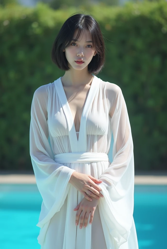 Photo of korea beauttifull 25 age woman in a transparent white roman toga for women, standing alone, blue colored eyes, reverse bob haircut, breasts big, front camera, In the pool, humida, fot, photoshoot, Captured by Panavision Panaflex Platinum camera with Panavision Primo Primes 75mm T1 spherical lens.9