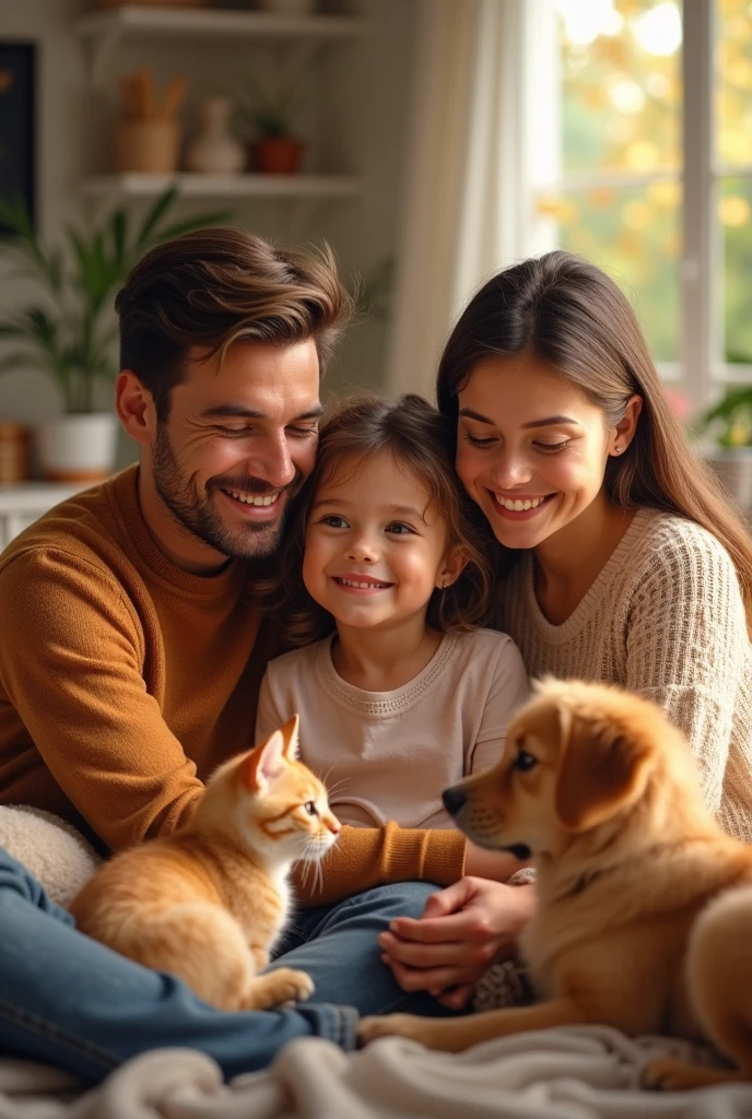 Family with daughter and dog and cat 